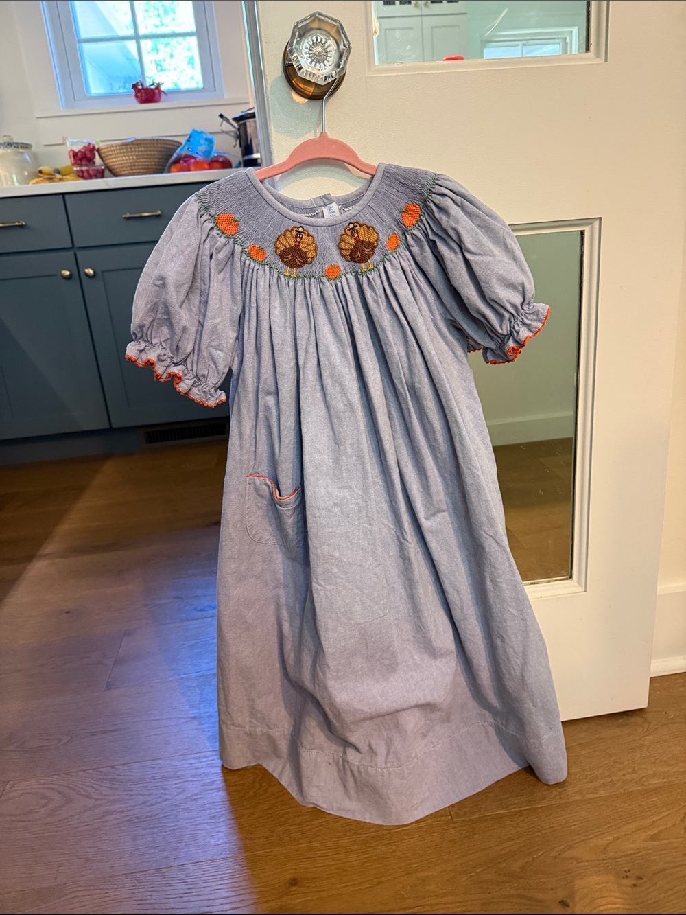 Girls Smocked Dress with Pumpkin and Turkey Embroidery